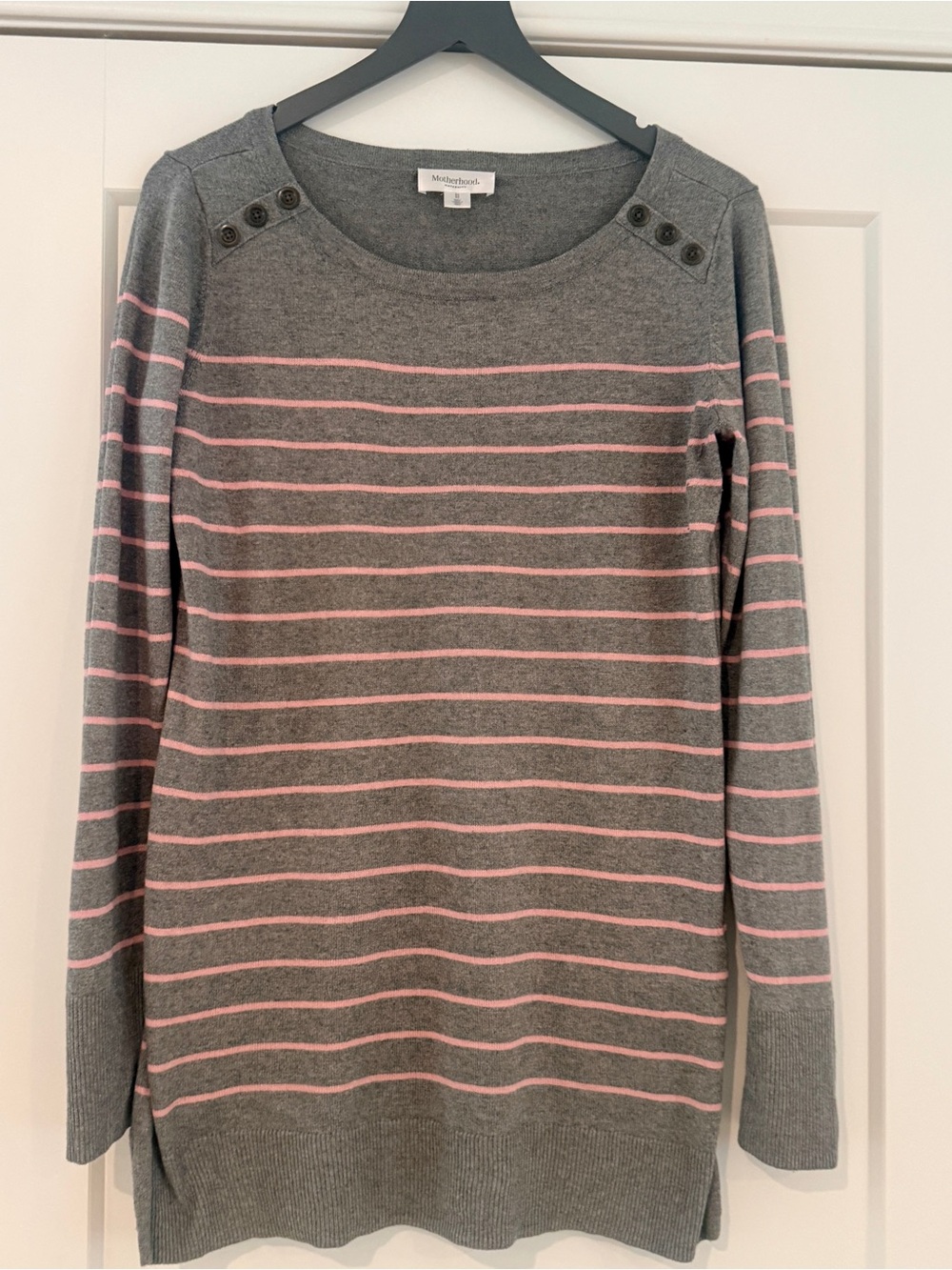 Motherhood Maternity Gray with Pink Stripes Button-Shoulder Sweater - Size M